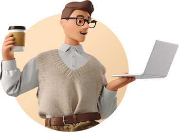 Ilustrasi 3D pria bisnis muda memegang kopi dan laptop